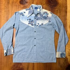Vintage 70s Jeans Joint Print Shirt Mens Large 16-16.5 Quilted Western Cotton U1